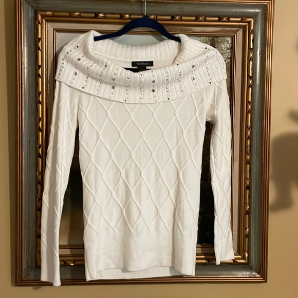 WHBM White Cowl Neck Sweater w/ Embellished Neck - Picture 2 of 9